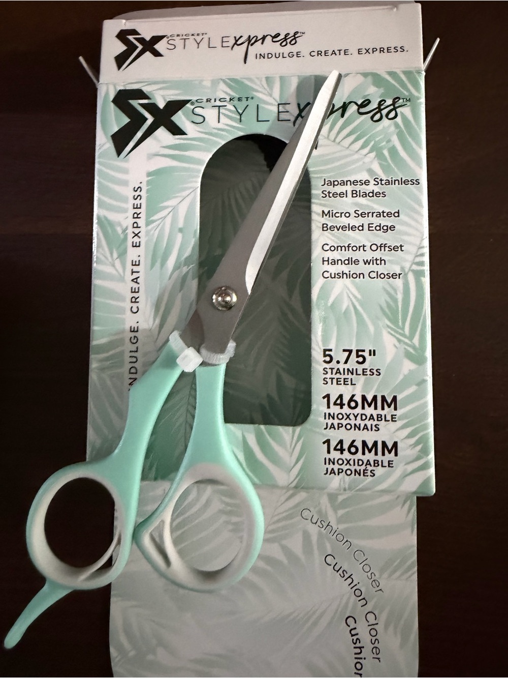 Express Mint Green Stainless Steel Hair Scissors with Leaf-Print Packaging